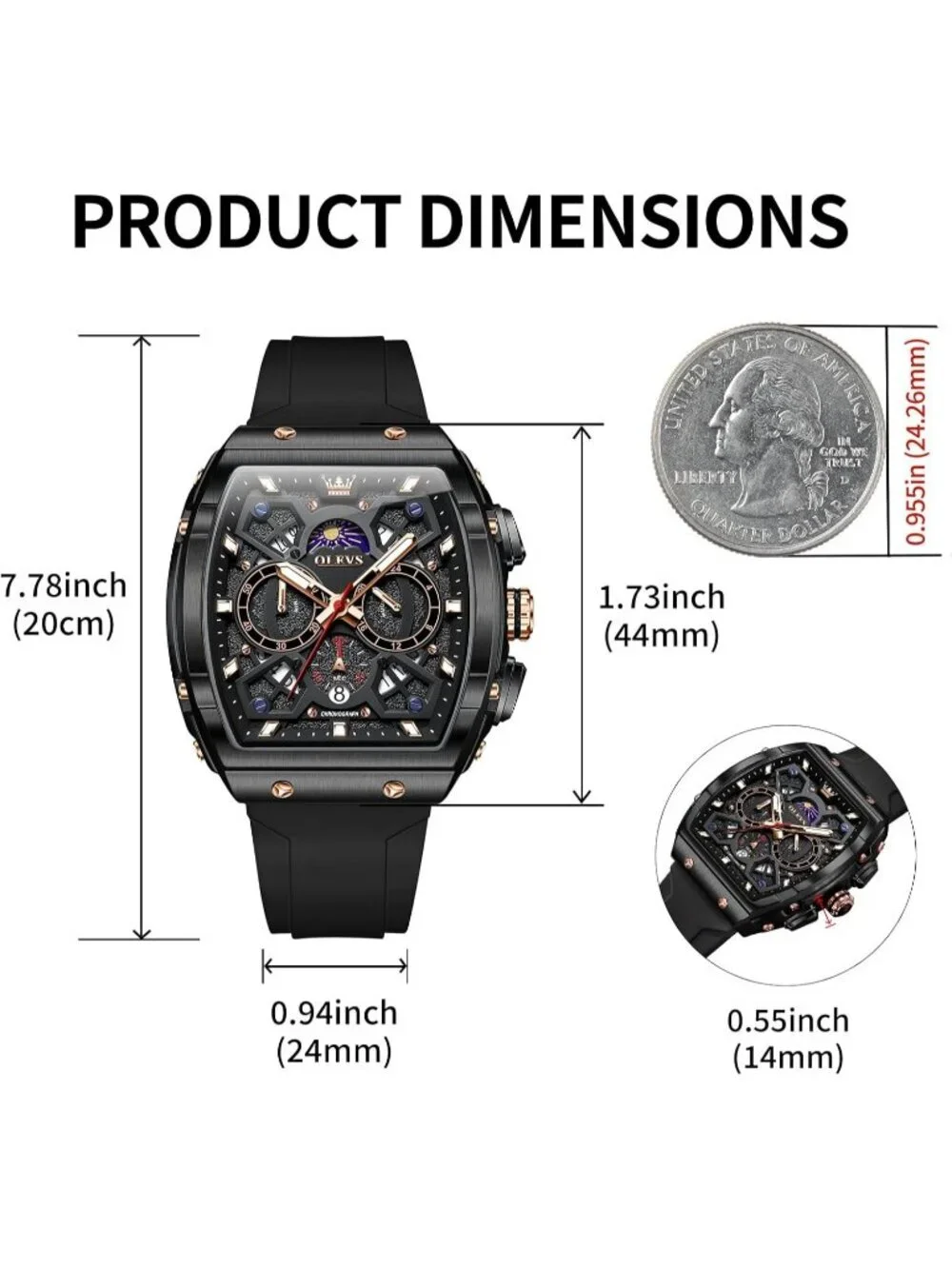 Mens All Black Chronograph Waterproof Rectangle Moon Phase Luminous Quartz Watch